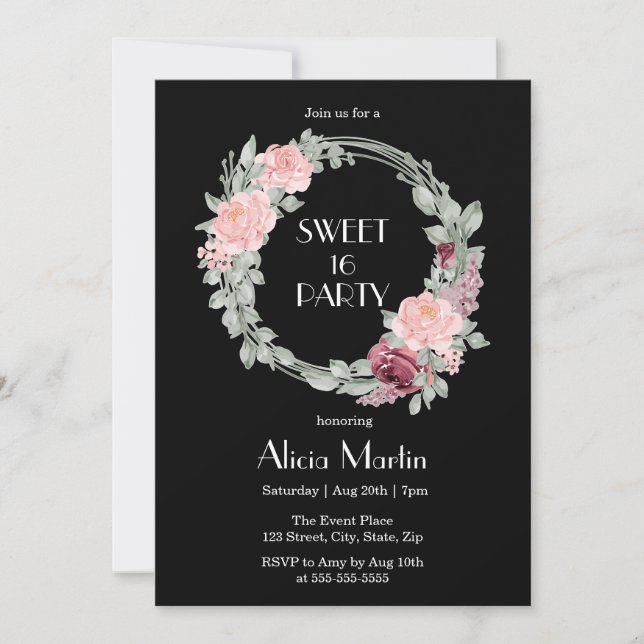 Convite Burgundy Rosa Rosa Elegante Flora Sweet 16 Anivers (Frente)