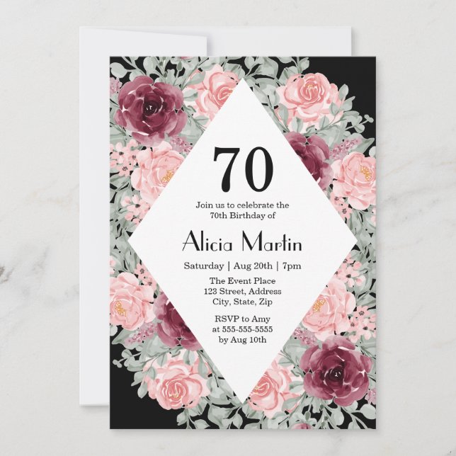 Convite Burgundy Rosa Rosa Greenerescente 70 Aniversário (Frente)