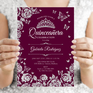 Convite Burgundy Rosas Prateadas Borboletas Quinceanera