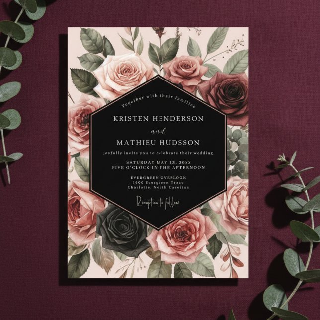 Convite Burgundy Rose Bloom Wedding (Criador carregado)