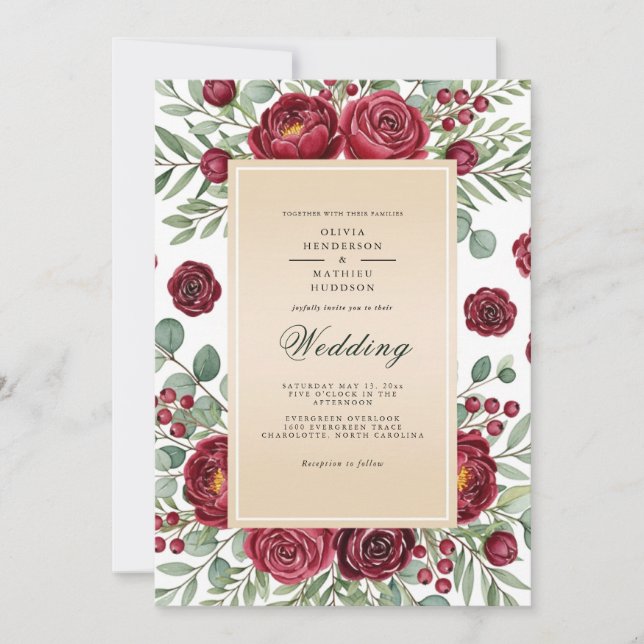 Convite Burgundy Rose Botanical Wedding (Frente)