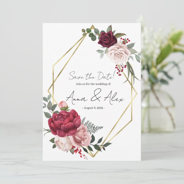 Convite Burgundy Rose Floral Geométrico Salve a Data (Em pé/Frente)