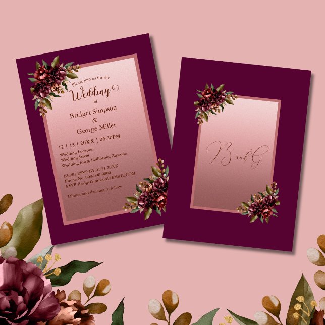 Convite Burgundy Rose Gold Script Floral Wedding (Criador carregado)