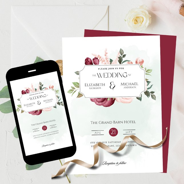 Convite Burgundy Rose Pink Print or Digital Wedding (Criador carregado)