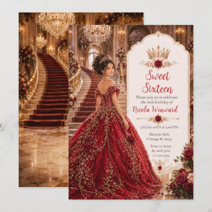 Convite Burgundy Rose Sweet 16 Princesa Coroa Dourada