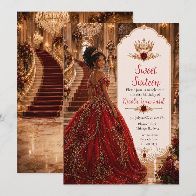 Convite Burgundy Rose Sweet 16 Princesa Coroa Dourada (Frente/Verso)