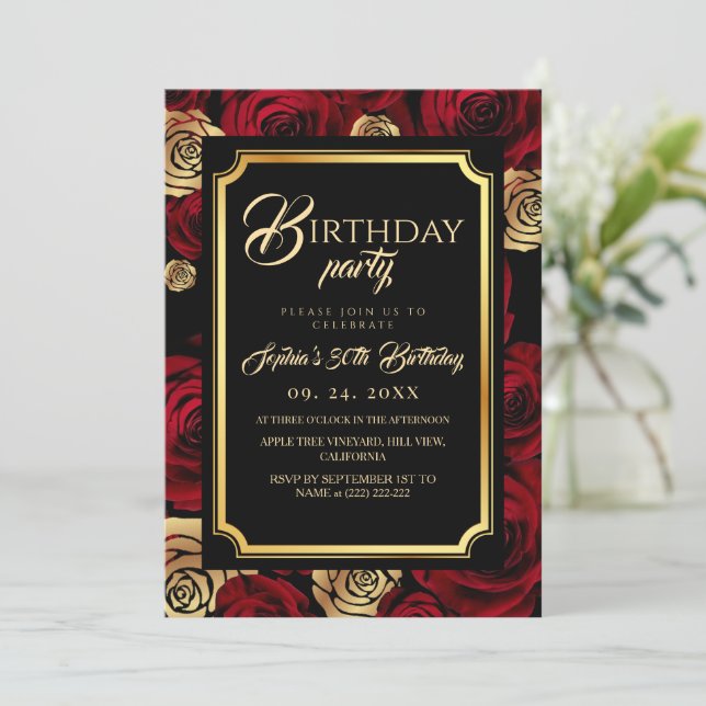 Convite  Burgundy Roses Birthday Party Invitation (Em pé/Frente)