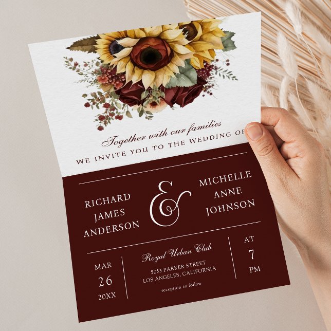Convite Burgundy Roses Sunflowers QR Code Wedding (Criador carregado)