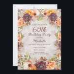 Convite Burgundy Rust Orange Floral Women's 60th Birthday<br><div class="desc">Ferrugem,  laranja e floral e folhagem de cor creme feminina,  o 60º convite de aniversário. Design seus convites para qualquer idade.</div>