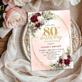 Convite Burgundy Rustic Boho Floral 80th Birthday Invite