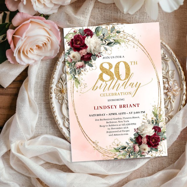Convite Burgundy Rustic Boho Floral 80th Birthday Invite (Burgundy Rustic Boho Floral 80th Birthday Invitation)