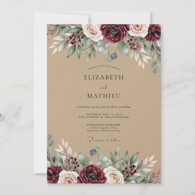 Convite Burgundy Rustic Botanical Wedding (Frente)