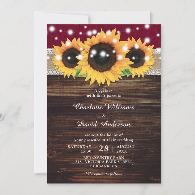 Convite Burgundy Rustic Burlap e Lace Sunflower Weding (Frente)