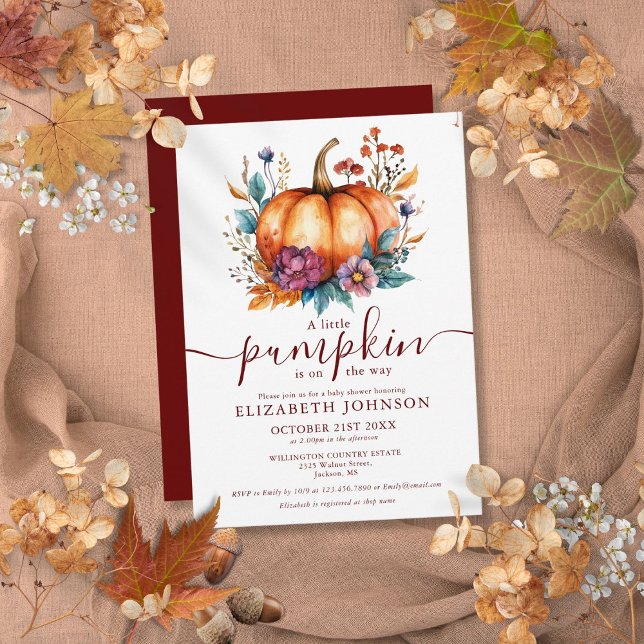 Convite Burgundy Rustic Fall Little Pumpkin Chá de fraldas (Burgundy Rustic Fall Little Pumpkin Baby Shower Invitation)