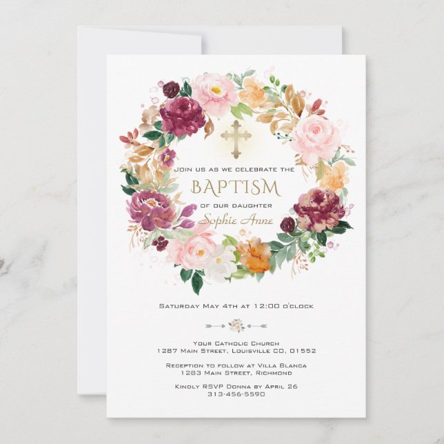 Convite Burgundy Saffron Flowers Feia Batismo (Frente)