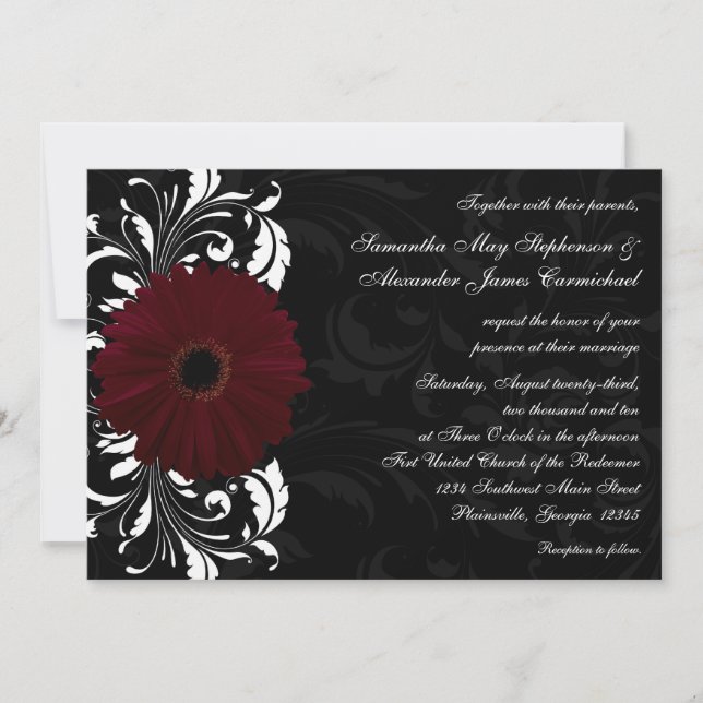 Convite Burgundy Scroll Gerbera Daisy w/Black and White (Frente)