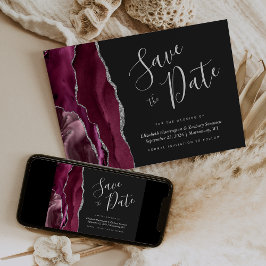 Convite Burgundy Silver Agate Dark Save the Date