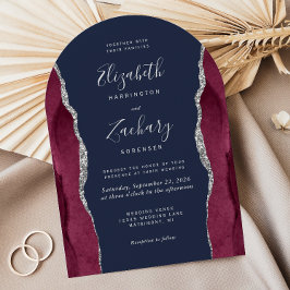 Convite Burgundy Silver Agate Navy Blue Arch Shape Wedding