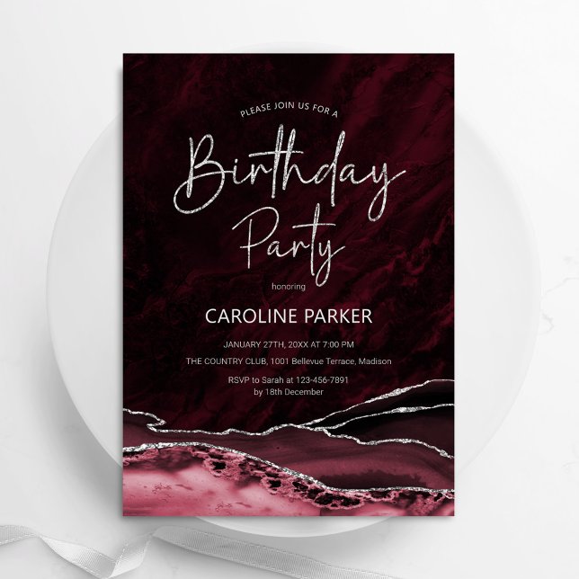 Convite Burgundy Silver Birthday Qualquer Idade (Criador carregado)