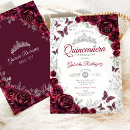 Convite Burgundy Silver Floral Quinceanera