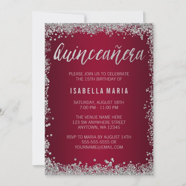 Convite Burgundy Silver Glitter Quinceanera 15 Birthday (Frente)