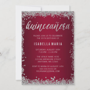 Convite Burgundy Silver Glitter Quinceanera 15 Birthday