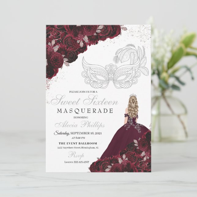 Convite Burgundy & Silver Glitter Sweet 16 Mascarada (Em pé/Frente)