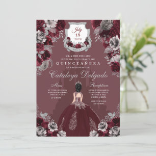 Convite Burgundy Silver Princess Castle Quinceañera