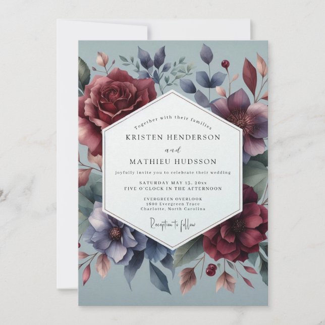 Convite Burgundy & Slate Moody Bloom Wedding (Frente)