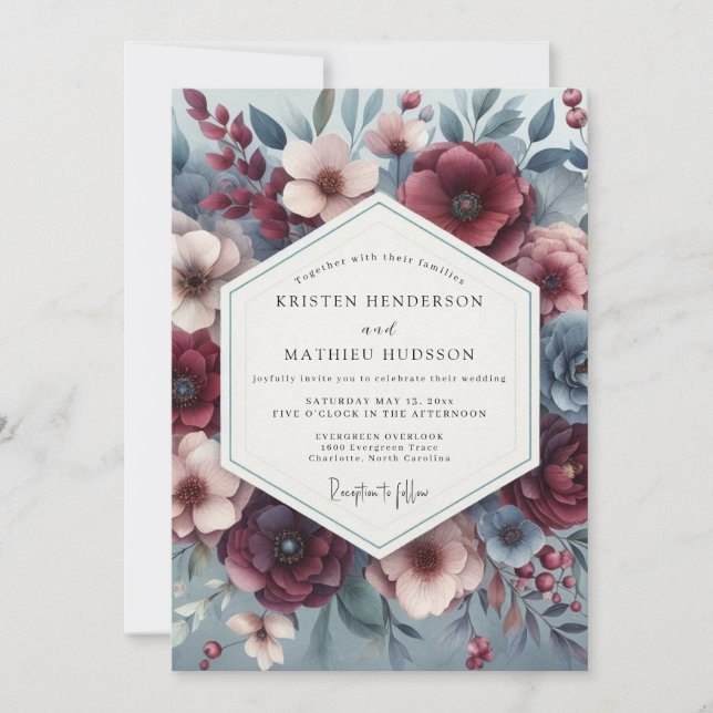 Convite Burgundy & Slate Poetic Bloom Wedding (Frente)