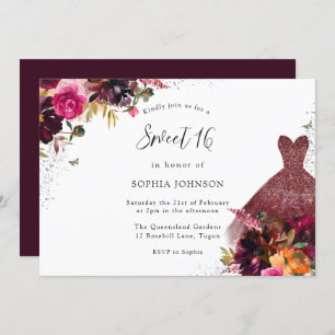 Convite Burgundy Sparkle Dress Floral Sweet 16 Party