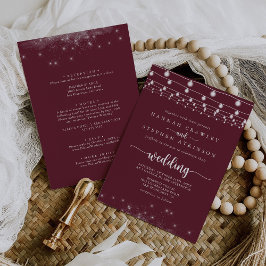 Convite Burgundy String Lights Stars Front & Back Wedds