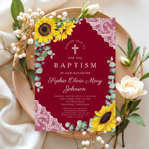 Convite Burgundy Sunflower Girl Baptism