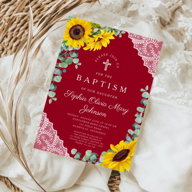 Convite Burgundy Sunflower Girl Baptism (Elegant Floral Cross Burgundy Girl Baptism Invitation)