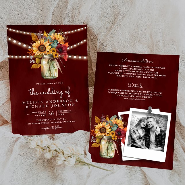 Convite Burgundy Sunflower Mason Jar All in One Wedding (Criador carregado)