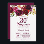Convite Burgundy Surprise aniversário de 30 anos<br><div class="desc">Convite de festas de aniversário de 30 anos de Surpresa Floral Burgundy para mulheres. Festa de aniversário Vermelha Burgundy Convida. Flor Floral de Aquarela. 13 16º 30 18º 20 21rua 40º 50º 90 de 60º 70 de 100º 80 de qualquer idade. Digital Imprimível.Para mais personalização, clique no botão "Personalizar" e...</div>