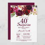 Convite Burgundy Surprise aniversário de 40 anos<br><div class="desc">Convite de festas de aniversário de 40 anos de Surpresa Floral Burgundy para mulheres. Festa de aniversário Vermelha Burgundy Convida. Flor Floral de Aquarela. 13 16º 30 18º 20 21rua 40º 50º 90 de 60º 70 de 100º 80 de qualquer idade. Digital Imprimível.Para mais personalização, clique no botão "Personalizar" e...</div>