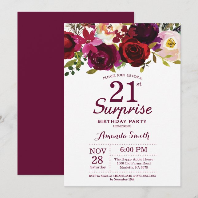 Convite Burgundy Surprise Floral aniversário de 21 anos (Frente/Verso)