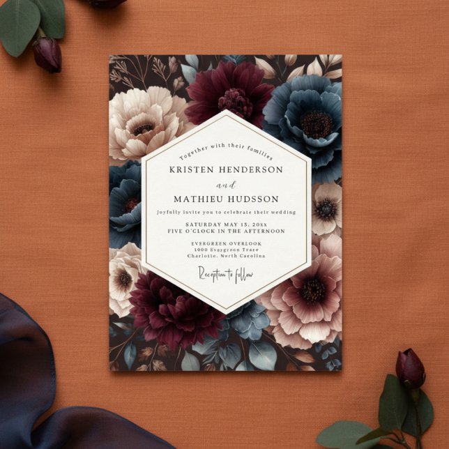 Convite Burgundy Teal Bloom Romance Wedding (Criador carregado)