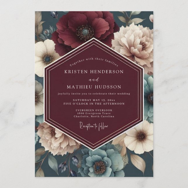 Convite Burgundy Teal Bloom Wedding (Frente)