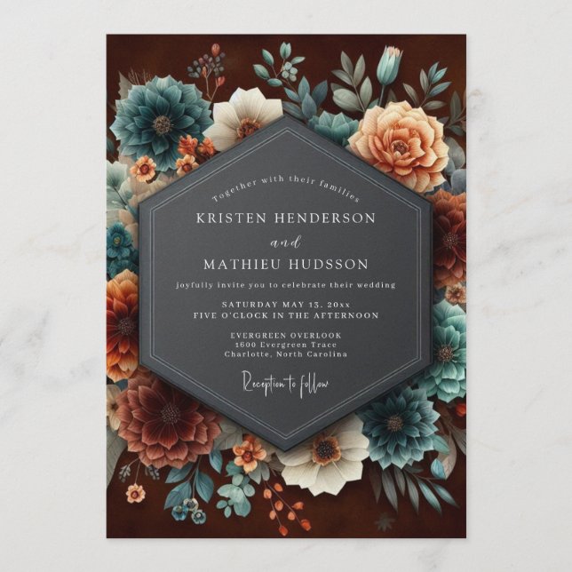 Convite Burgundy Teal Dutch Bloom Wedding (Frente)