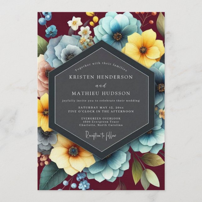 Convite Burgundy & Teal Vibrant Bloom Wedding (Frente)