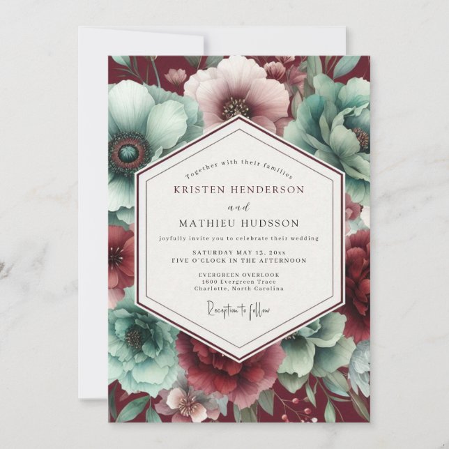 Convite Burgundy & Teal Vintage Bloom Wedding (Frente)