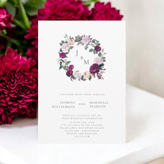 Convite Burgundy, tema de casamento floral, monograma eleg (beautiful modern burgunday wedding invitation )