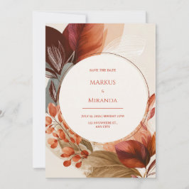 Convite Burgundy Terracotta Circular Botanical Wedding