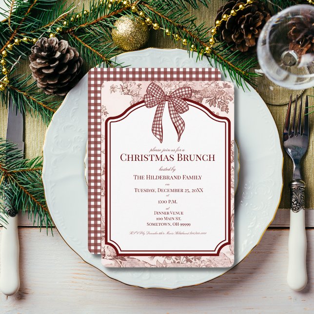 Convite Burgundy Toile Gingham Christmas Brunch (Criador carregado)