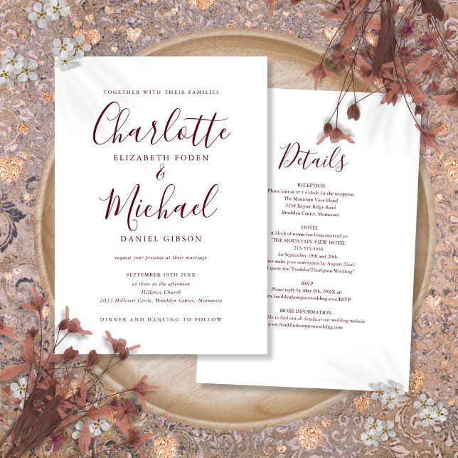 Convite Burgundy Tudo Em Um Simples Casamento Elegante (Burgundy All In One Simple Elegant Wedding Invitation)