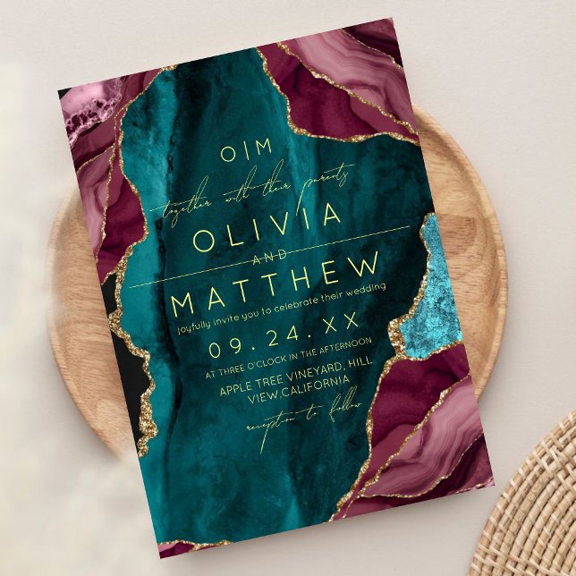 Convite Burgundy, Turquoise e Dourada Foto de Casamento Ag (Criador carregado)