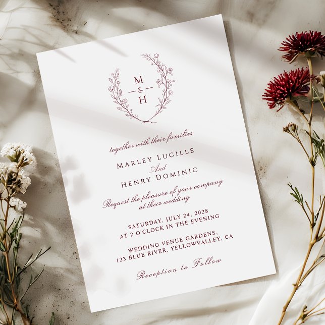 Convite Burgundy Typography Wildflower Monogram Wedding (Criador carregado)