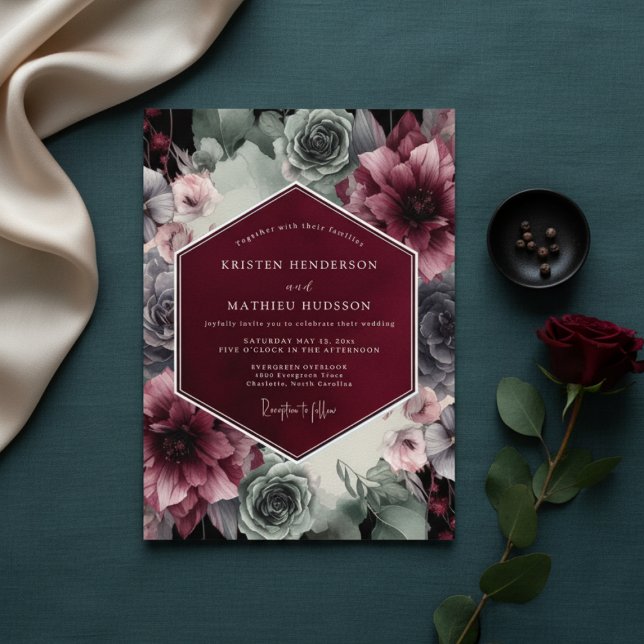 Convite Burgundy Velvet Bloom Opulence Wedding (Criador carregado)